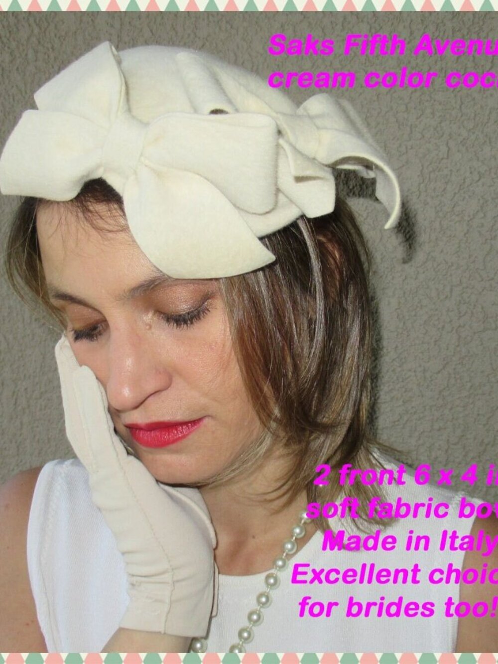 Saks Fifth Avenue VTG hat, Cream color, 2 fabulous flat 6x4" soft fabric bows